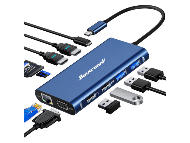 USB C Docking Station, 11-in-1 Dock, HDMI, VGA, Ethernet, Blue Triple display via 2 HDMI and VGA; plug-and-play, 100W PD, USB and SD/TF; compatible...