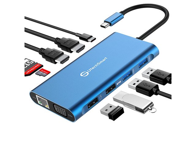 11 in 1 Docking Station, Triple Monitors USBC Laptop Docking Station(Blue) 2 HDMI, VGA, PD3.0, SD TF Card Slot, 4 USB Ports USB-C Adapter...