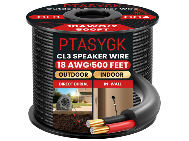 18 Gauge Outdoor Speaker Wire 500ft CL3 Direct Burial CCA Cable CL2 Rated, 2 Conductor Stranded Core, UV and Weather Resistant, No Conduit Needed...