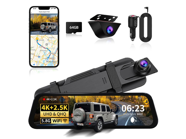 Mirror Dual Dash Camera with Voice Control,4K+2.5K Rear View Mirror Camera with 5.8GHz WiFi and APP Control, WDR Night Vision, Loop Recording,...