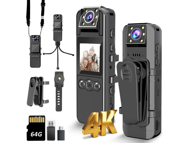 Body Camera with Audio and Video Recording, Unltra 4K Body Cam with 180° Rotating Lens, 6HR Battery, IR Cut Auto Night Vision, 64GB Body Worn...