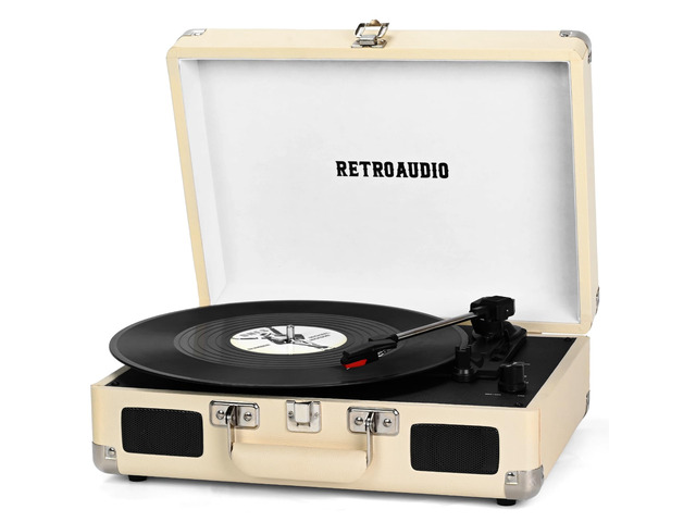 Portable Bluetooth Vintage Vinyl Record Player Turntable 3-speed belt-driven vinyl player, dual built-in stereo speakers, RCA & AUX output,...