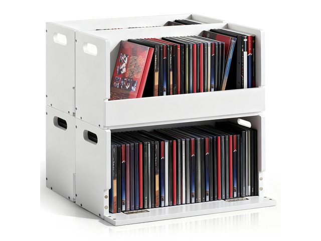 4 Pack Wooden DVD Storage Shelf,Holds 104 DVDs 26 Each, White Solid Wood Media Organizer with Magnetic Front Flap Carry Handles for DVDs, CDs,...