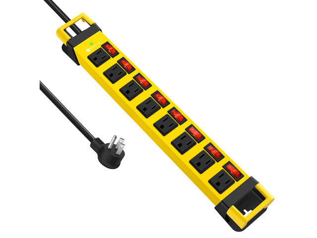 Heavy Duty Power Strip with 8 Outlets,1200J,Yellow,15FT Individual Switch with Multiple Outlets,Wall Mount Plug Extender, Grounding, Garage Power...