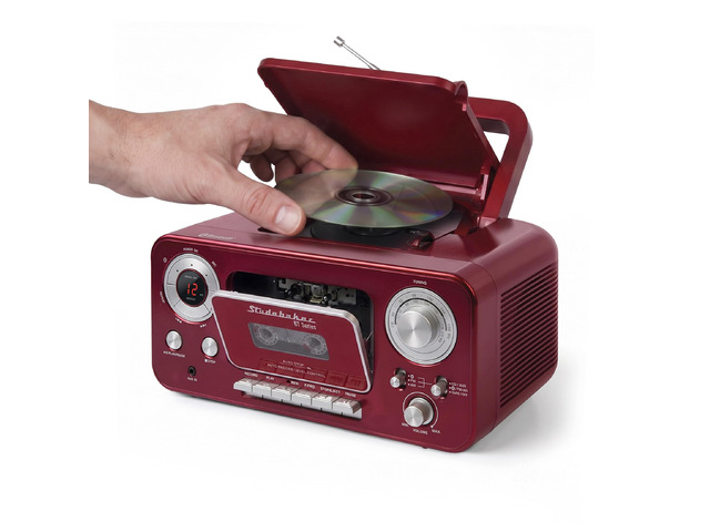 Portable CD Player with Bluetooth, AM/FM Stereo Radio & Cassette Player/Recorder with Aux-in and AC/DC Power - Red & Silver
