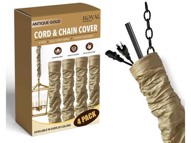 Cord & Chain Cover 4 ft Silk Type Fabric, Chandelier Pendant Lighting Chain & Cable Management, Touch Fastener, Antique Gold - 4 Pack
