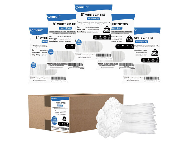 5000pcs 8Inch White Cable Tie,Nylon Zip Ties,Industrial Grade,50 Pounds Tensile Strength,UV Resistant,Heavy Duty,for Home,Garden...