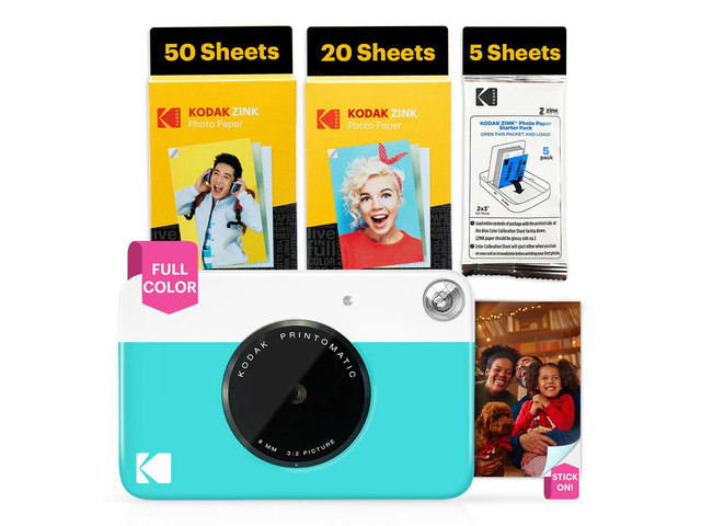 Full-Color Instant Print Digital Camera, Printomatic, 75-Sheet Zink 2x3 Sticky-Back Paper, 5MP Porta
