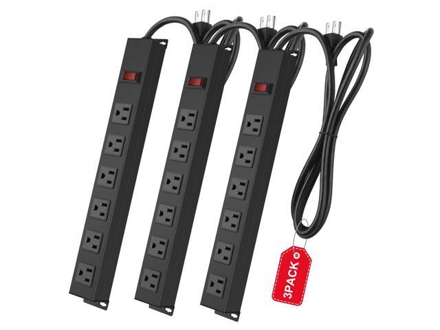 3Pack Metal Wall Mount Power Strip, Mountable Power Outlet with 6 AC Outlets, Aluminum Alloy Mount Power Socket with Switch, 10 FT SJT 3/C 14AWG...