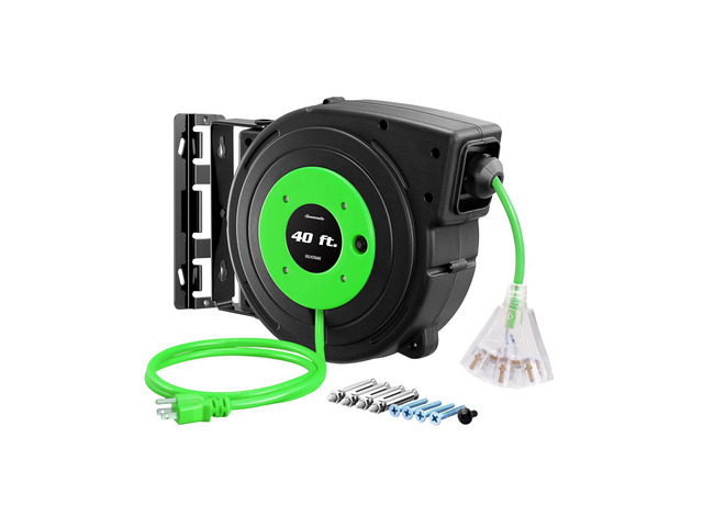 Retractable Extension Cord Reel, 40 FT Heavy Duty Power Cord, 12/3C SJTOW Retractable Cord Reel, Lighted Triple Tap Outlets, 15A Circuit Breaker,...