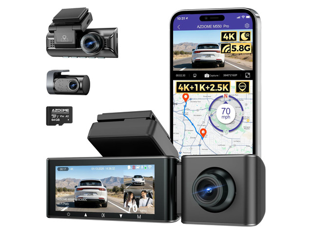 3 Channel Dash Cam Front and Rear Inside, 4K+1080P+2.5K ADAS Dash Cam, 3.19'' IPS Car Camera, 5.8G WiFi GPS Dash Cam for Cars, Voice Control, Night...