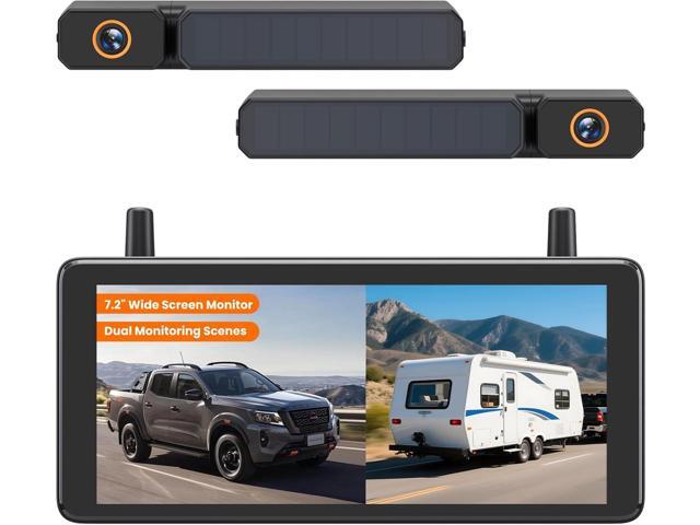 Solar Wireless Backup 2 Cameras: 2-Min DIY Install, Dual Channel Stable Signal DVR Monitor, 7.2' 1080P Super Night Vision, IP69K Waterproof Back Up...