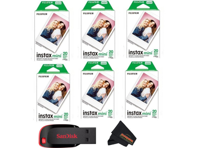 Instax mini Instant Daylight Film (Twin Packs + 32 GB USB Flash Drive) with Sunshine Photo Microfiber Cleaning Cloth.(6 Twin Packs + 32 GB USB...