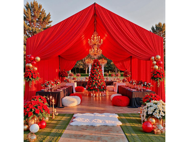 20ftx40ft Red Ceiling Curtain for Independence Day Wedding Parties 4 Panels Wrinkle Free 40 FT Long Tent Draping Curtains for Wedding, Birthday &...