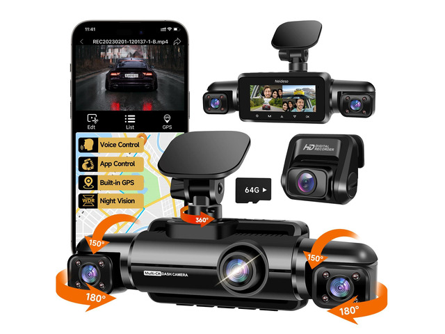 360Â° Dash Cam Front and Rear Inside, 4 Channel FHD 4 * 1080P, Wi-Fi GPS Voice Control Car Camera, Front 2K+1080P*2 Dash Camera for Cars, with 64GB...