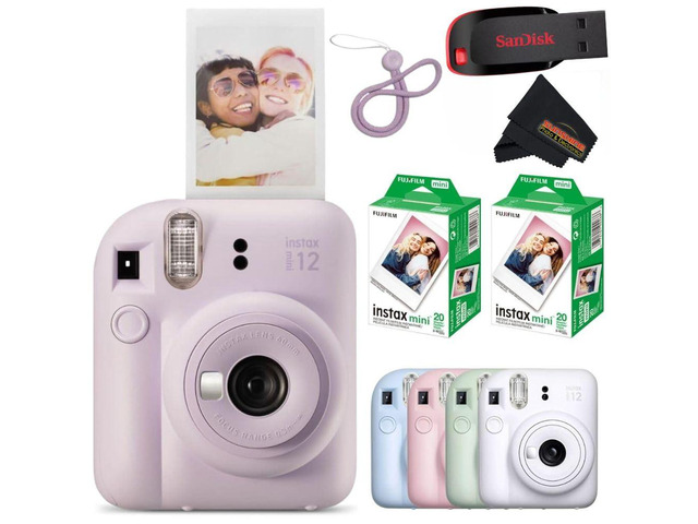 Instax Mini 12 Instant Camera Lilac Purple with Sandisk 32 GB USB Flash Drive + 40 Sheets Instax Mini Film Bundle, Sunshine Photo Microfiber...