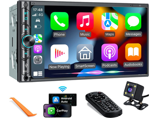 Upgrade Wireless Double Din Car Stereo with Carplay, Android Auto, Bluetooth, 4 Channel RCA, High Power, 2 Subwoofer Ports, 7' HD Capacitive...