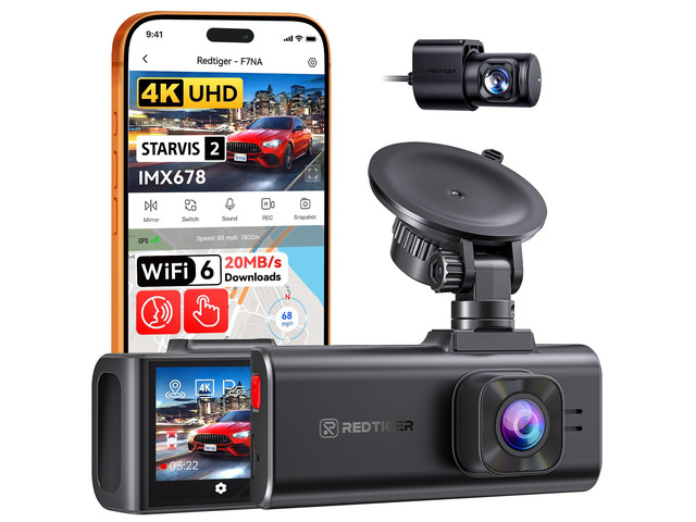F7NA 4K Dual Dash Cam, STARVIS 2 IMX678, 8MP, 5GHz WiFi (20MB/s Fast Download), 4K Front 1080P Rear, GPS, Voice Control, WDR, HDR Night Vision, 24H...