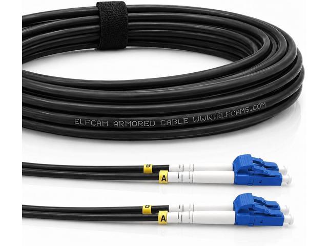 - 50m/164ft Outdoor and Indoor Shielded Armored Fiber Optic Cable LC/UPC to LC/UPC OS2 Singlemode Duplex 9/125m LSZH, Black 50 Meters