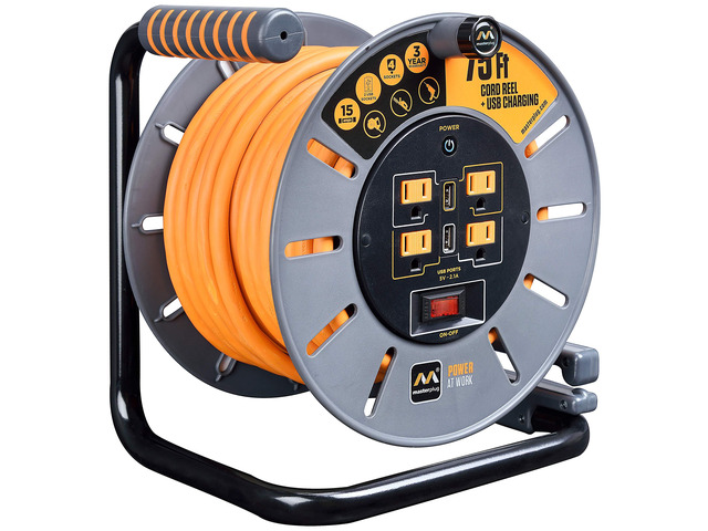 75ft Cord Reel, Retractable Extension Lead with Winding Handle, Safety Overload Circuit Breaker and Power Switch, 4x Grounded Outlets, 2x USB...