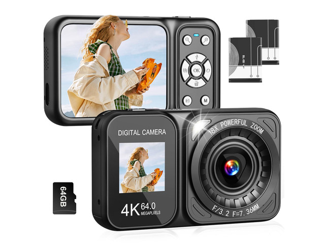 Digital Camera, 4K 64MP Dual Screens Camera, 18X Zoom, Point and Shoot Digital Camera with 64GB TF Card & 2 Batteries, Portable Rechargeable Small...
