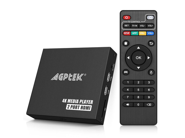 4K@30Hz Media Player with Dual HDMI, AV/VGA Output, 4K HDMI Splitter, Digital MP4 Player for 14TB HDD/512G USB/256G SD Card/H.265 MP4, Remote...