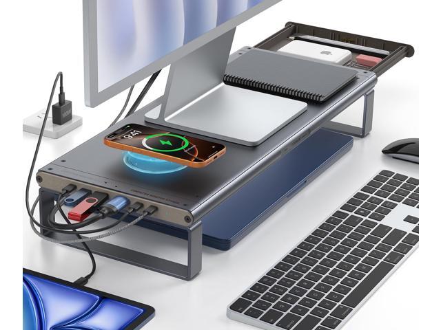 Monitor Stand HUB - Aluminum Riser with 6-in-1 Docking Station: 4K HDMI, USB-C, USB 3.0, PD 100W, Wireless Charging, Drawer Organizer - Gray