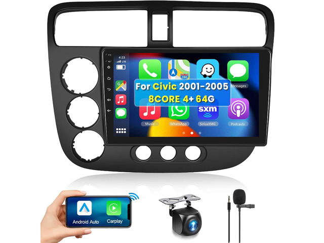 8 Core 4G+64G Car Radio for Honda Civic 2001 2002 2003 2004 2005, Wireless Apple Carplay Android Auto Car Stereo, 9 IPS Touchscreen with WiFi, GPS,...