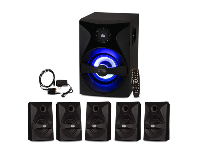Goldwood Bluetooth 5.1 Surround Sound Home Theater Speaker System with LED Display, FM Tuner, USB/SD Inputs - 6-Piece Set with Remote Control, Black