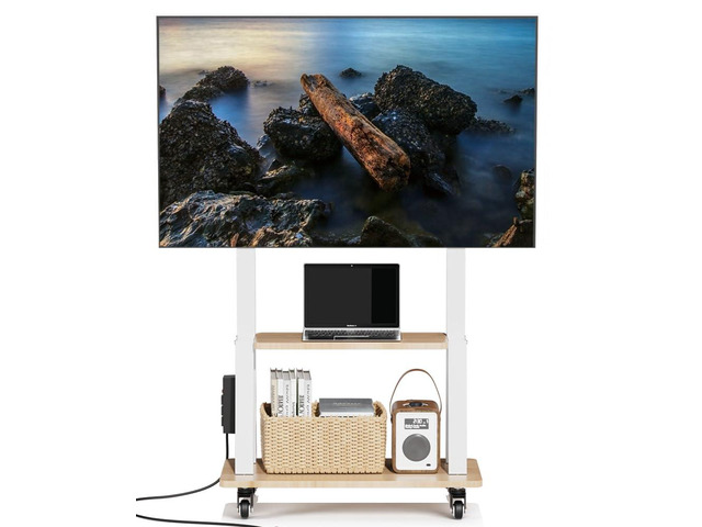 Mobile TV Stand with Power Outlet, Wood Shelf Portable TV Stand on Wheels for 32 to 55 65 70 75 inch Television, Height Adjustable White TV Cart,...