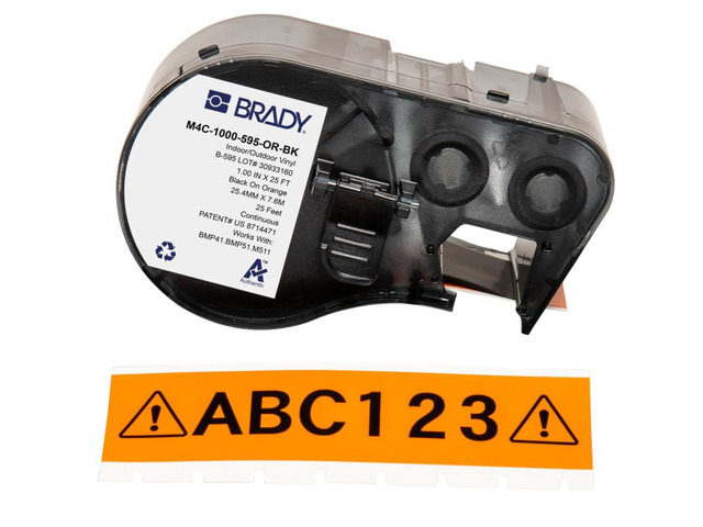 Authentic (M4C-1000-595-OR-BK) All-Weather Vinyl Labels 1 in W x 25ft Black on Orange. for use with BMP41, BMP51, M410, M510, and M511 Label Printers.