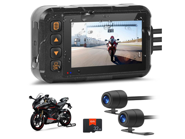 Motorcycle Dash Cam Dual HD Camera Front and Rear View,3' IPS Screen 720P IP67 Waterproof 150° Wide Angle Sportbike Recording DVR with...