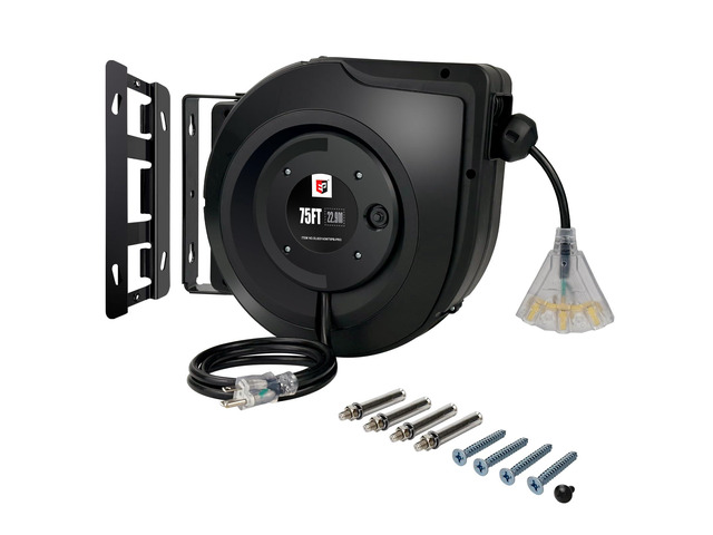 Retractable Extension Cord Reel,75 Feet 14 AWG/3C SJTOW Heavy Duty Power Cord,10 AMP Circuit Breaker, 3-Lighted Triple Outlets,Ceiling or Wall...