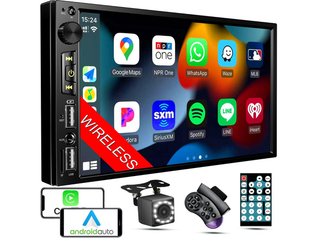 Wireless 7 inch Double Din Car Stereo with Apple Carplay,Bluetooth FM Car Radio,Backup Camera,HD IPS 1024 * 600 Touch Screen,Mirror Lin,Build-in...