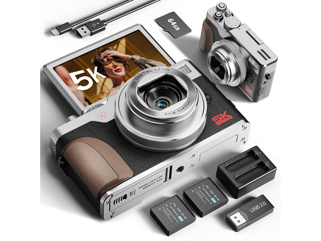 True 5K 64MP Digital Camera for Photography, Autofocus 18X Zoom, 3'' 180° Flip Screen, Comes with 64GB TF Card & 2 Batteries, Compact Travel...