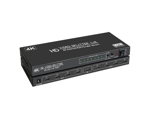 4K@60Hz 1x8 HDMI Splitter 4:4:4,18 Gbps,8 Port Powered HDMI 2.0 Splitter1 in 8 Out Support Auto Down Scaler, 4K 1080P Sync, HDR10,3D, HDCP 2.2,Only...