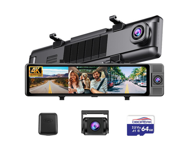 12' Rear View Mirror Camera, 3 Channel 4K Mirror Dash Cam Front, Inside and Rea1080P Camera, Smart Full Touch Screen Backup Camera for car, Dash...