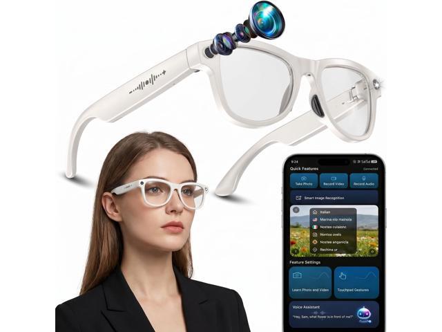 Smart Glasses with Open-Ear Audio & ENC Noise Reduction, 2026 AI Glasses with 8MP Camera, 139 Languages Real-Time Translator, ChatGPT Voice...