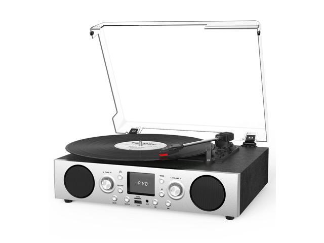 Record Player with Built-in Speakers, Belt-Driven Turntable with FM Radio & Bluetooth Receiver, 3-Speed Vinyl Player with USB Recording, RCA Line...