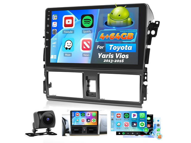 Car Radio for Toyota Yaris Vios 2013 2014 2015 2016: [4G+64G] 10.1 inch Car Stereo with Wireless Carplay Android Auto, Touch Screen Upgrade for...