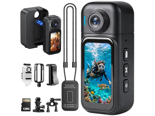Body Camera with 180° Rotatable Lens and Water-Proof Case for Diving, WiFi Thumb-Sized Action Camera for Cycling, Traveling (128G-1080P, Black)