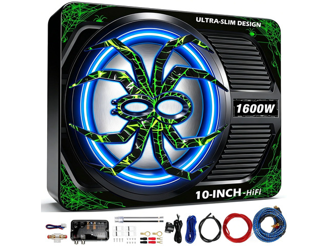2026 Upgraded 1600W 10' Slim Under Seat Subwoofer with Built-in Amplifier - Powered Car Low Profile Bass Sub - Individual Controls (LPF/Gain/Bass...