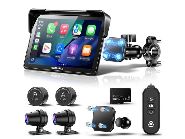 7' Motorcycle CarPlay GPS(Includes 128G SD) with Dual 2K Dash Cam, HD Touchscreen, Wireless Android Auto, IP69K Waterproof, TPMS, Navigation,...