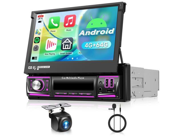 4G+64G Android Car Stereo Single Din with Foldable Touchscreen Wireless Carplay & Android Auto, 7 Inch Flip Out Screen Car Radio GPS Navi WiFi...