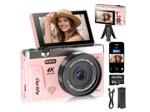 4K 75MP Digital Camera for Photography with Tripod,2026 Upgraded WiFi Vlogging Camera for YouTube with 3' 180°Flip Screen 18X Zoom Fill Light...