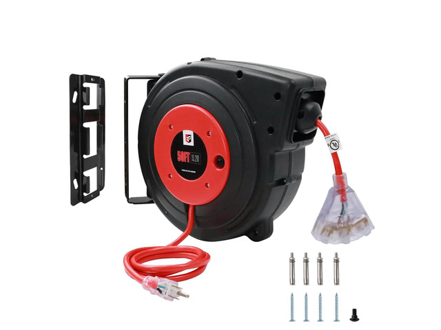 Retractable Extension Cord Reel, 50 Ft Heavy Duty Power Cord, 14 AWG/3C SJTOW, 13 AMP Circuit Breaker, Lighted Triple Tap, Ceiling or Wall Mount,...