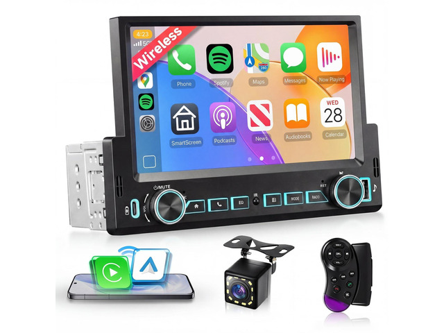 7'' Single Din Car Stereo with Wireless Carplay Android Auto, Single Din Touchscreen Car Radio with Handsfree Bluetooth 5.2 Mirror Link FM EQ SWC,...