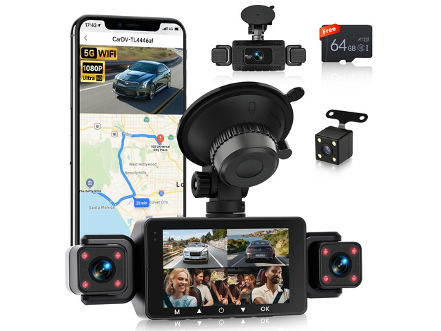 4 Channel Dash Cam for Car, 3 inch IPS Screen, 360° 1080P Dash Cam with 64G SD Card, 5G WiFi & App Control, 8 IR Lamps Night Vision, G-Sensor, Loop...