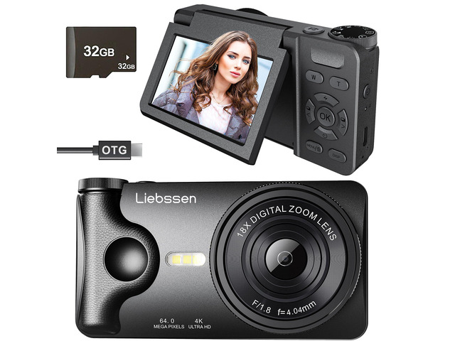 4K Digital Camera 64MP Autofocus 3.0'' 180° Flip Screen Portable for Photo & Vlog Featuring Time Lapse & Slow Motion & 20 Filters 32GB 2000mAh for...
