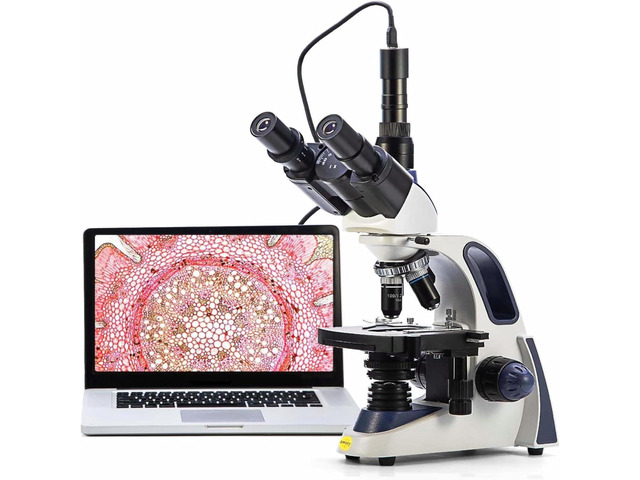 SW380T Trinocular Compound Microscope with 5MP Camera 40X-2500X DIN Achromatic Optics Siedentopf Head & Mechanical Stage